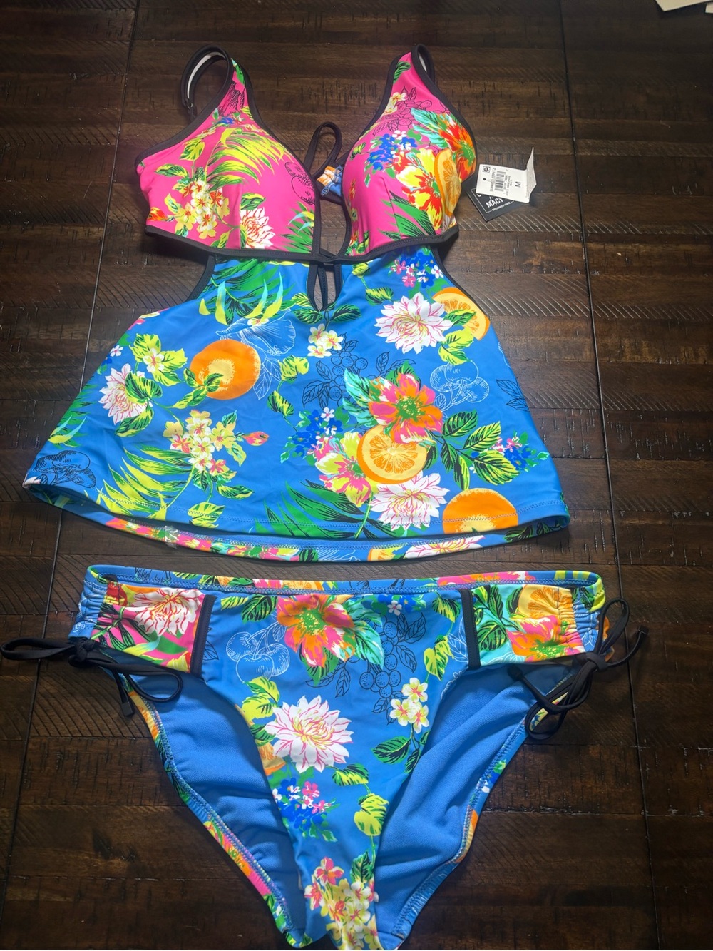 Bar III Bright Blue & Pink Floral Tankini Bikini Set